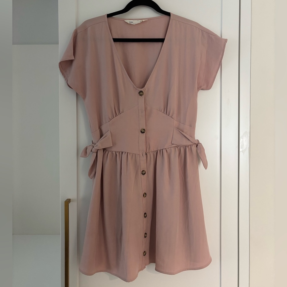 Zara Pink V-Neck Mini Sundress with Tie Front
